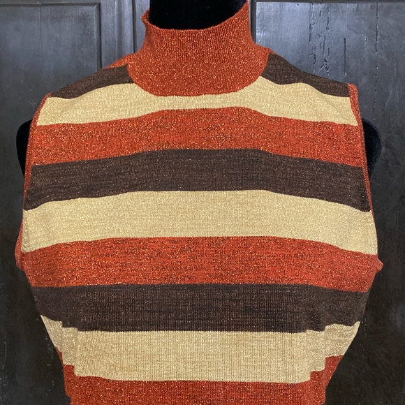Kathy Lee metallic gold, brown & brick sleeveless mock turtleneck sweater-Medium - Picture 4 of 9